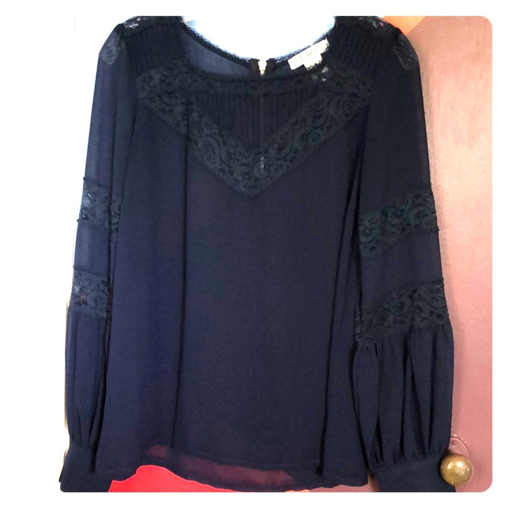 Navy blue sheer and lace blouse.